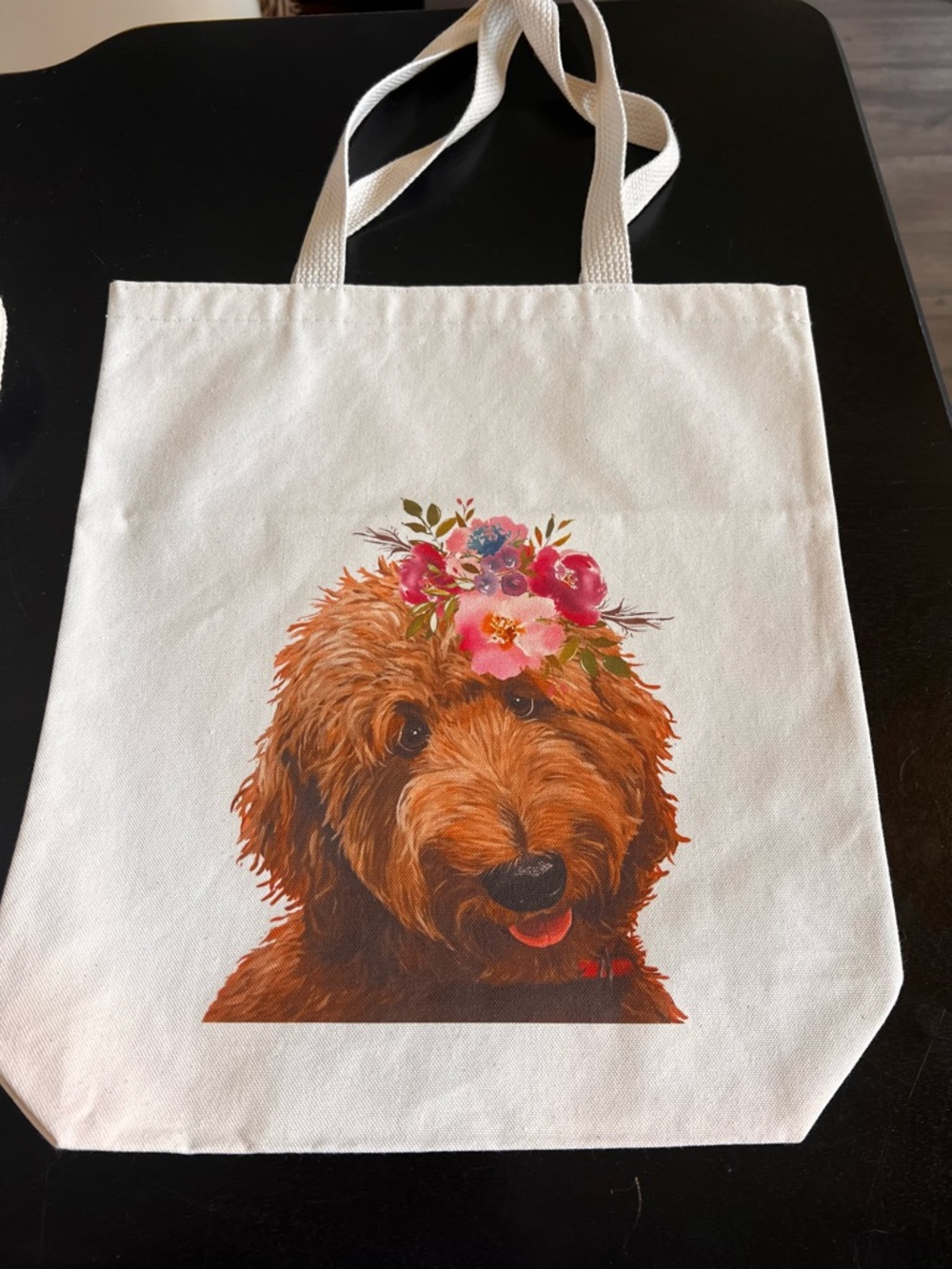 Canvas Tote with Brown Doodle Dog Portrait - White